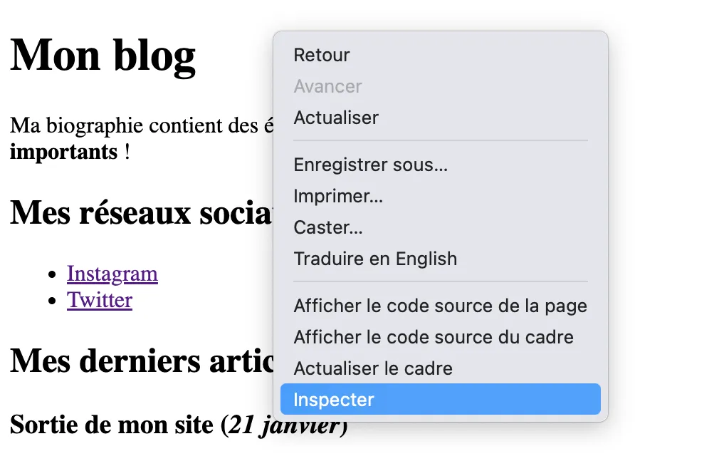 Menu déroulant du clic droit,
contenant le bouton Inspecter